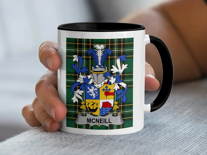 Mug featuring the McNeill family crest on a plaid background.