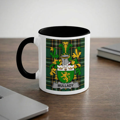 Mullady Irish heritage mug with black handle and family crest
