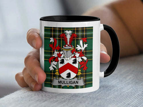 Mulligan Irish family crest black accent mug