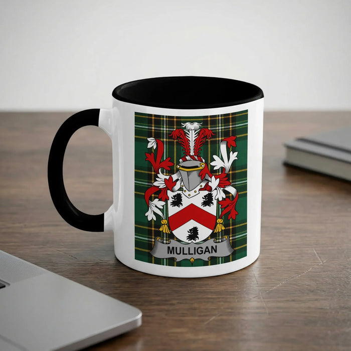 Mulligan Irish heritage mug with black handle and family crest