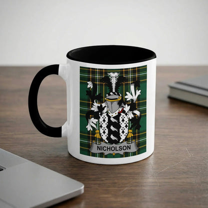 Nicholson black accent mug with family crest on tartan background
