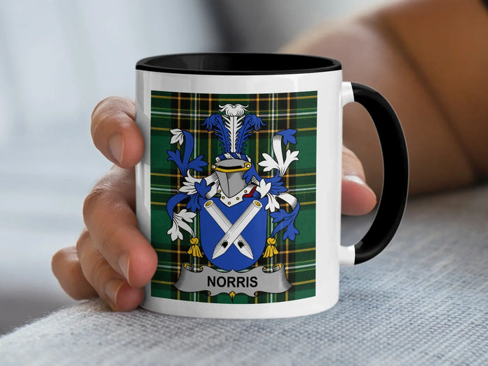 Norris Irish Heritage Accent Mug with black handle and family crest