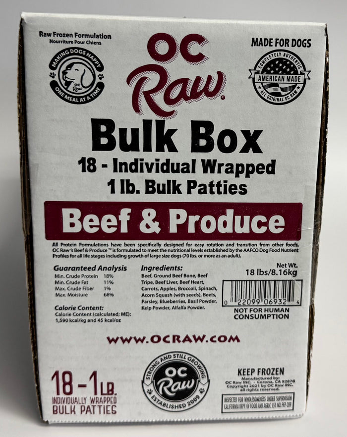 OC Raw Grain Free Bulk Raw Frozen Dog Food Box 18LB