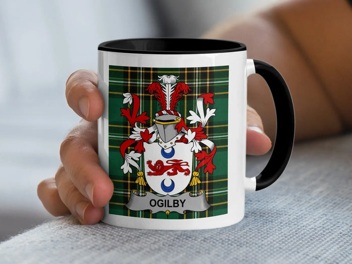 Ogilby Irish family crest black accent mug with tartan design