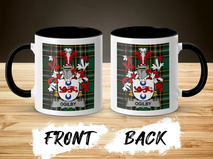 Ogilby ceramic mug with Irish National Tartan and surname crest