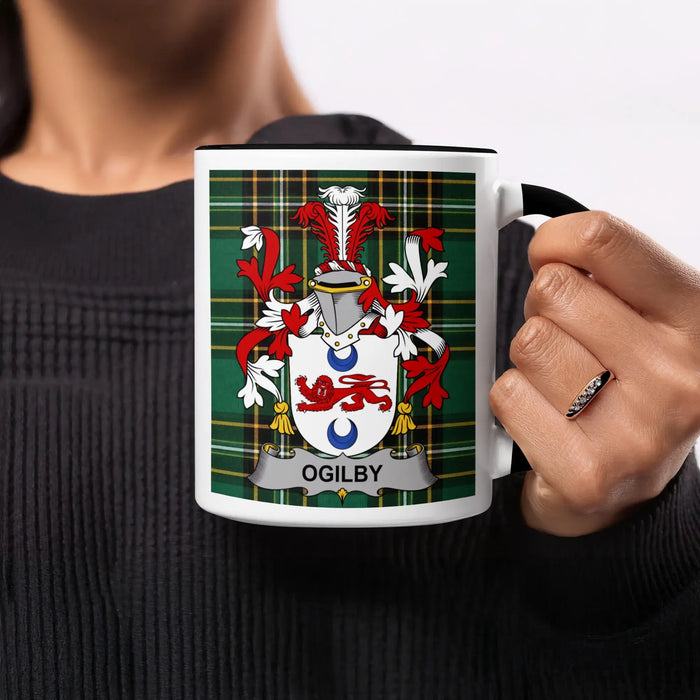 Ogilby black accent mug featuring family crest on Irish National Tartan