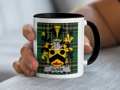 Oliver Irish family crest black accent mug with Irish National Tartan