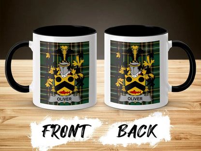 Oliver ceramic mug with black handle and family crest on tartan