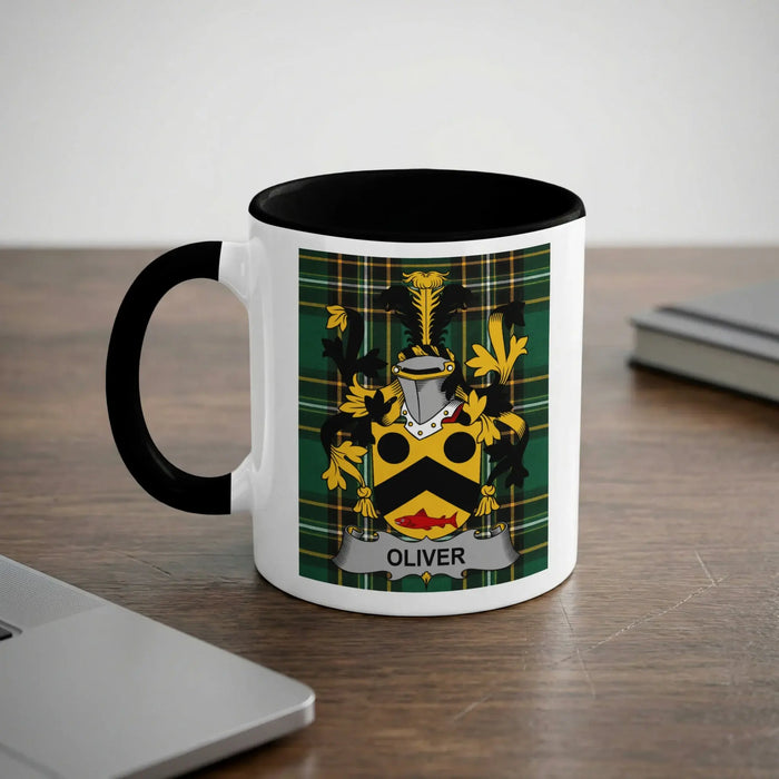 Oliver Irish heritage accent mug with black interior and surname crest