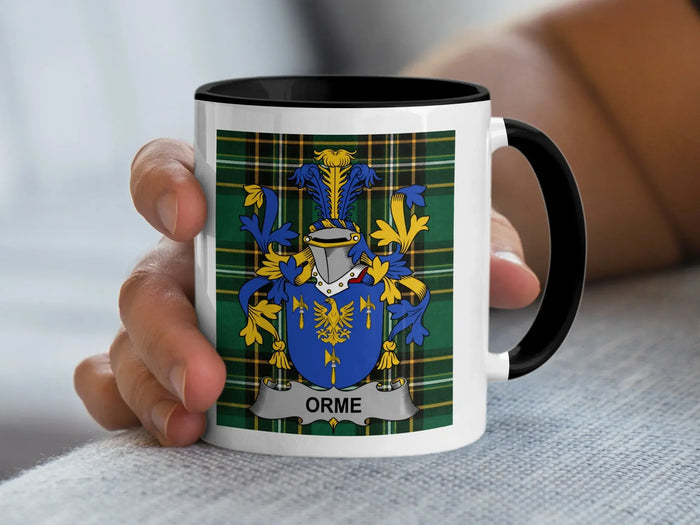 Orme Irish family crest black accent mug on Irish National Tartan