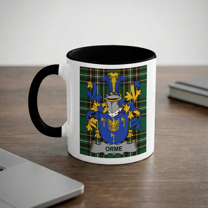 Orme Irish surname mug with black interior and tartan crest design