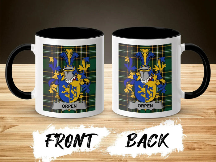 Orpen ceramic mug with black handle and family crest on tartan background
