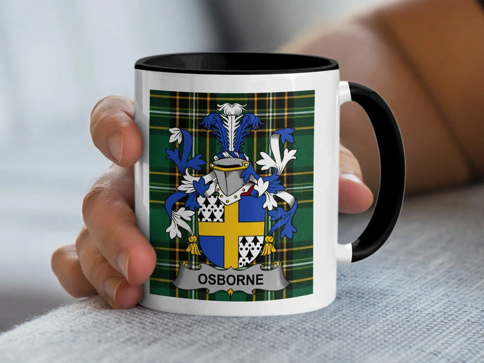 Osborne Irish family crest black accent mug with Irish National Tartan