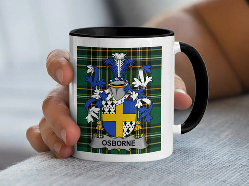 Osborne Irish family crest black accent mug with Irish National Tartan