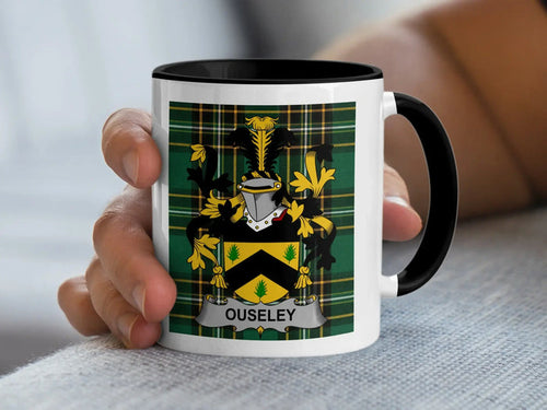 Ouseley Irish family crest black accent mug with Irish National Tartan