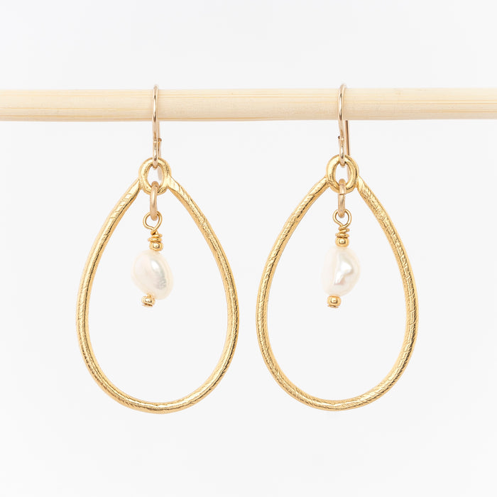 oval hoop drop and pearl earrings - handmade dangles