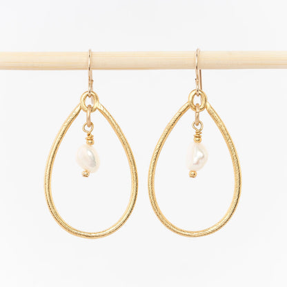 oval hoop drop and pearl earrings - handmade dangles