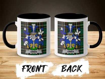 Owen ceramic mug with black handle and family crest on tartan background