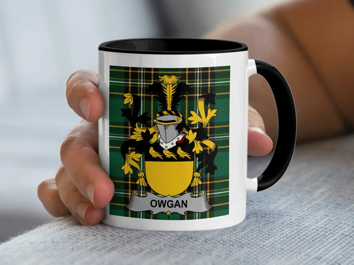 Owgan Irish family crest black accent mug on Irish National Tartan