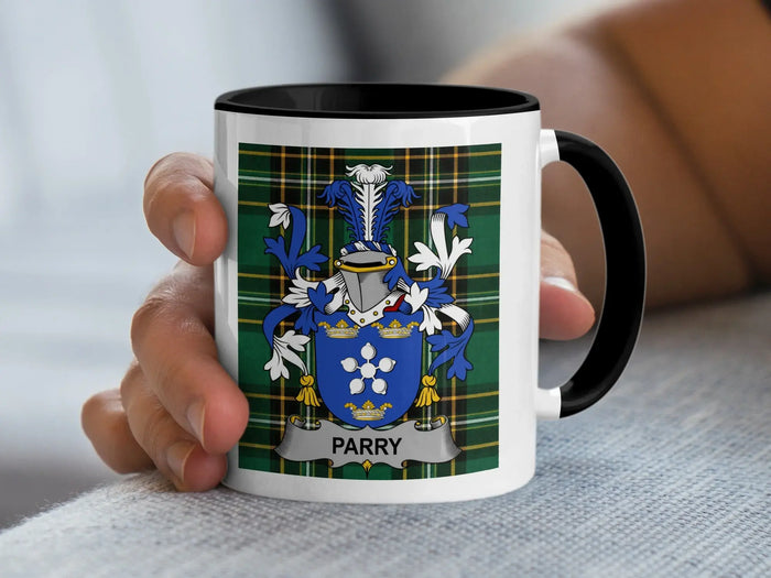 Parry Irish family crest black accent mug with Irish National Tartan