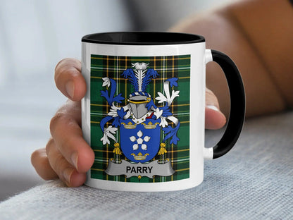 Parry Irish family crest black accent mug with Irish National Tartan