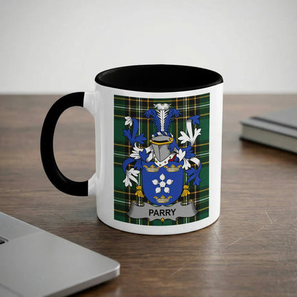 Parry Irish heritage mug with black interior and surname crest