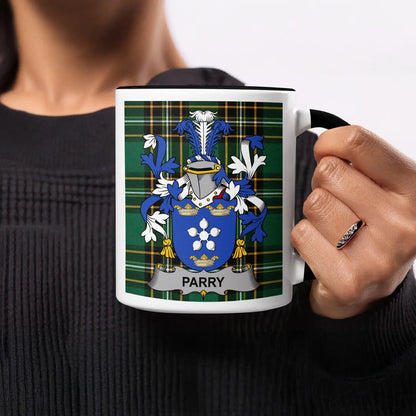 Parry black accent mug with Irish National Tartan and family crest