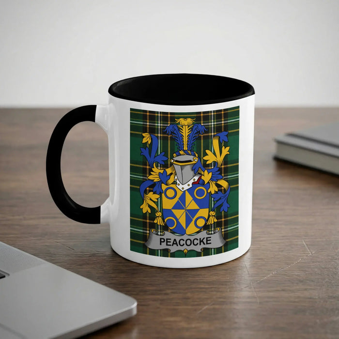 Peacocke Irish heritage mug with black interior and surname crest