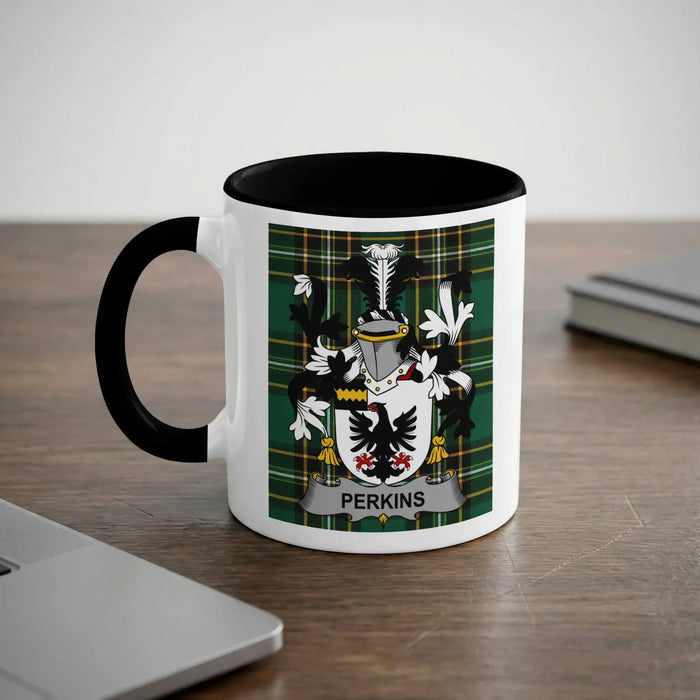 Perkins Irish heritage mug with black interior and family crest