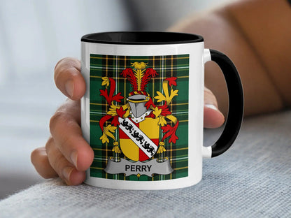 Perry Irish family crest black accent mug with Irish National Tartan