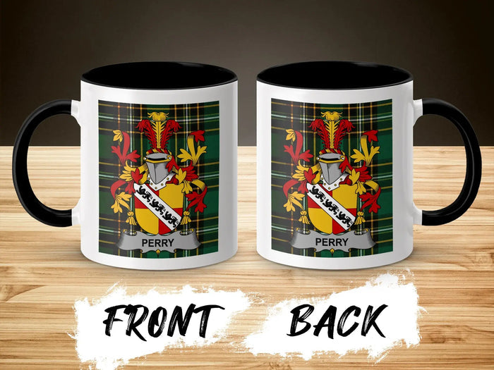 Perry ceramic mug with black handle and family crest on tartan background