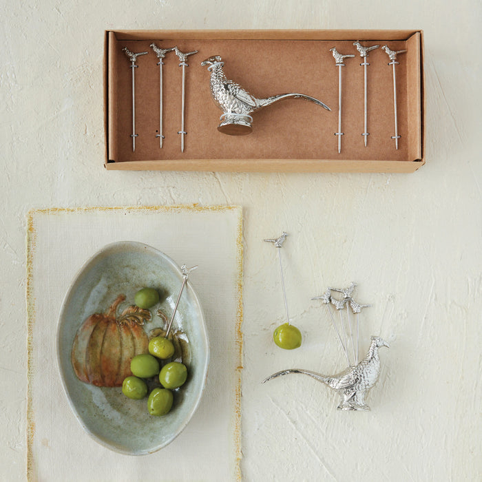 Pheasant Shaped Holder with 6 Stainless Steel Appetizer Picks