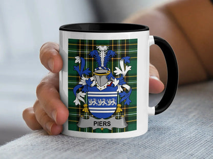 Piers Irish family crest black accent mug with Irish National Tartan