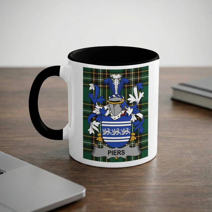 Piers Irish heritage mug with black interior and surname crest