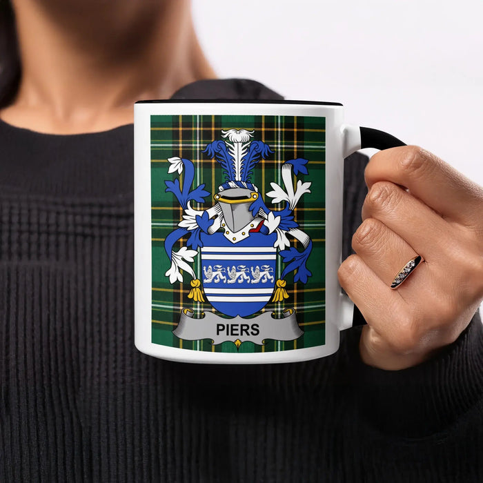 Piers black accent mug with Irish National Tartan and family crest