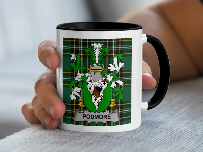 Podmore Irish family crest black accent mug with Irish National Tartan