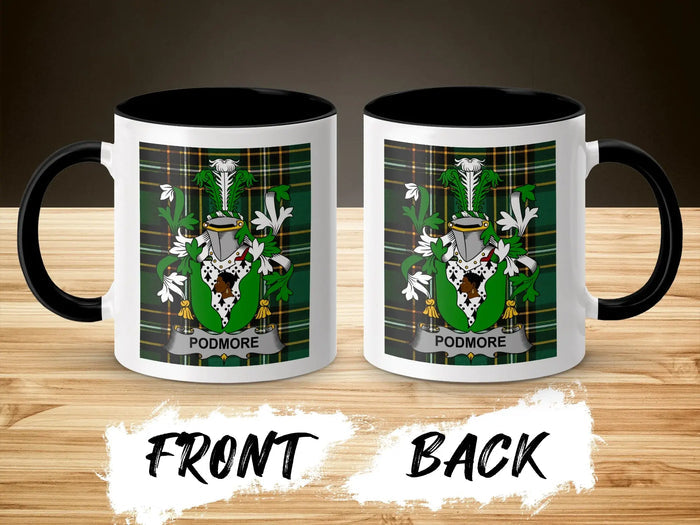 Podmore ceramic mug with black handle and family crest on tartan background