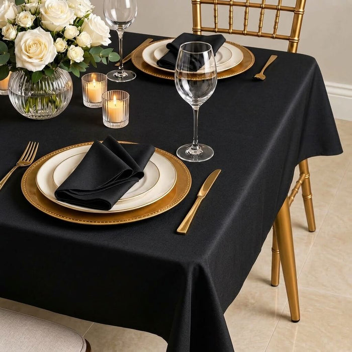 black premium polyester rectangle tablecloth on elegant dining table