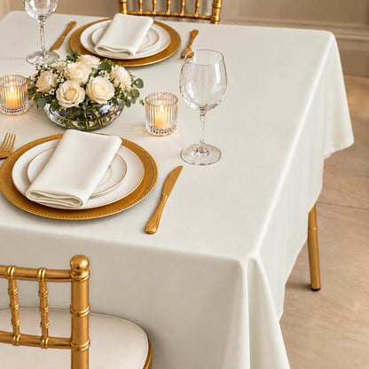 ivory square table overlay with gold accents