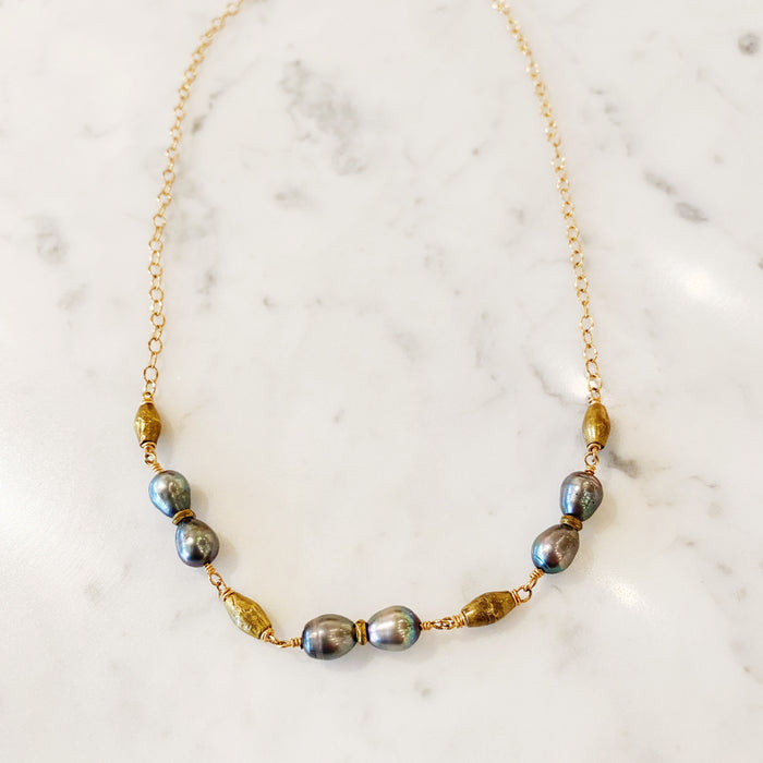 Rice Pearl + Handmade African Brass Bead Necklace