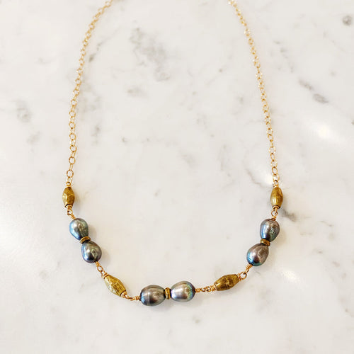 Rice Pearl + Handmade African Brass Bead Necklace