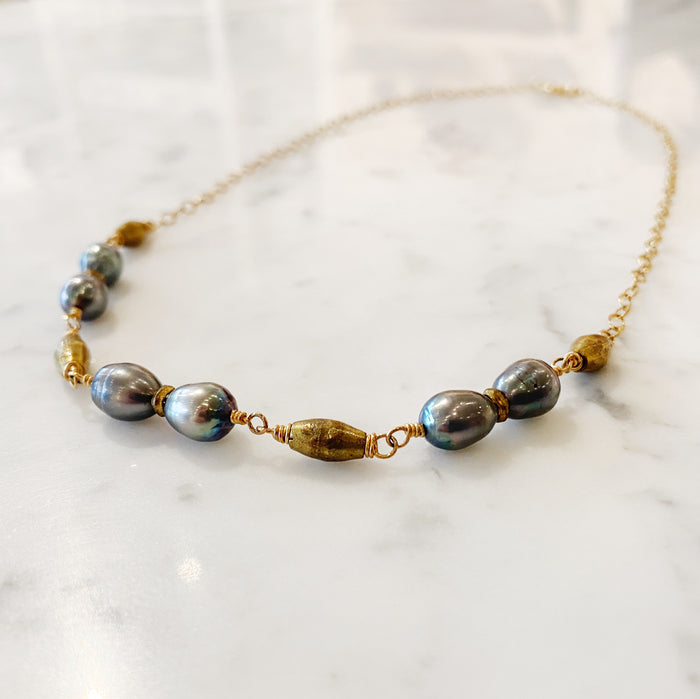 Rice Pearl + Handmade African Brass Bead Necklace