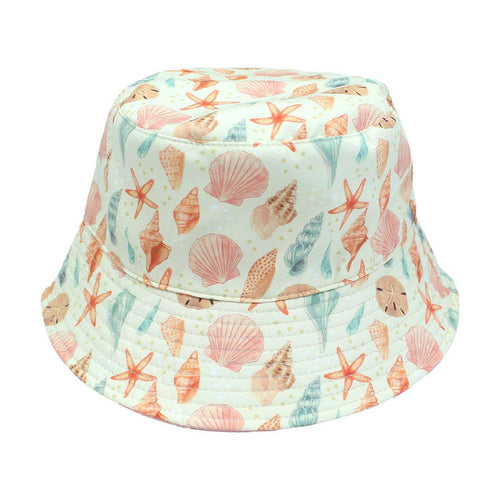 Sandy Seashells Pink Reversible Beach Baby Bucket Hat: Beige/Multi / Kids