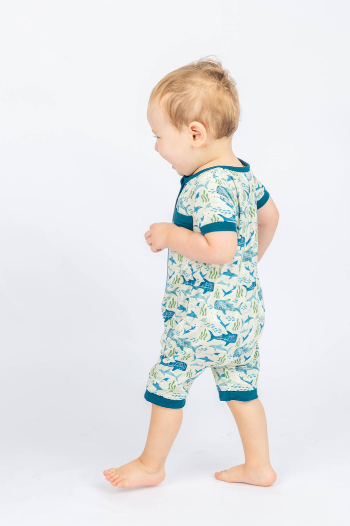 Shark Friends Bamboo Baby Shortie Romper Jumpsuit: Blue/Multi / 12-18M