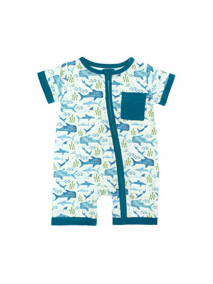 Shark Friends Bamboo Baby Shortie Romper Jumpsuit: Blue/Multi / 18-24M