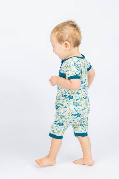 Shark Friends Bamboo Baby Shortie Romper Jumpsuit: Blue/Multi / 18-24M