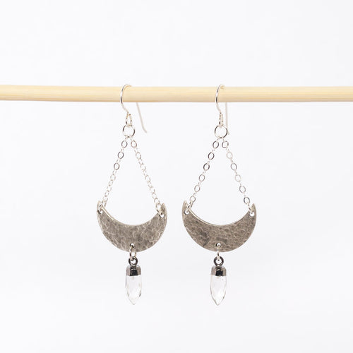 silver crescent moon and quartz point earrings - dangles - boho style jewelry - women's fashion - stellar creature jewelry