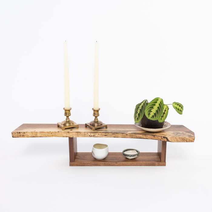 solid walnut wall shelf - hand carved - live-edge - hand beveled edges - lifestyle shot