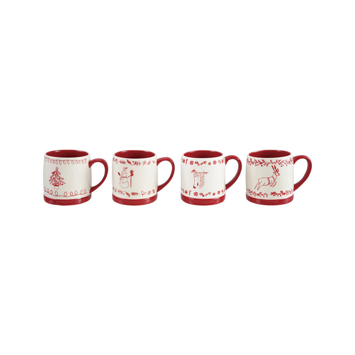 Stoneware Mug with Holiday Design, White & Red (4 Styles)