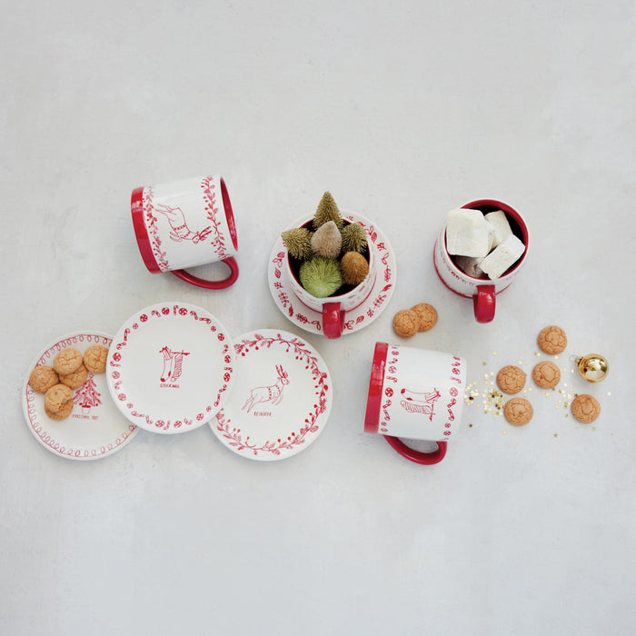 Stoneware Mug with Holiday Design, White & Red (4 Styles)